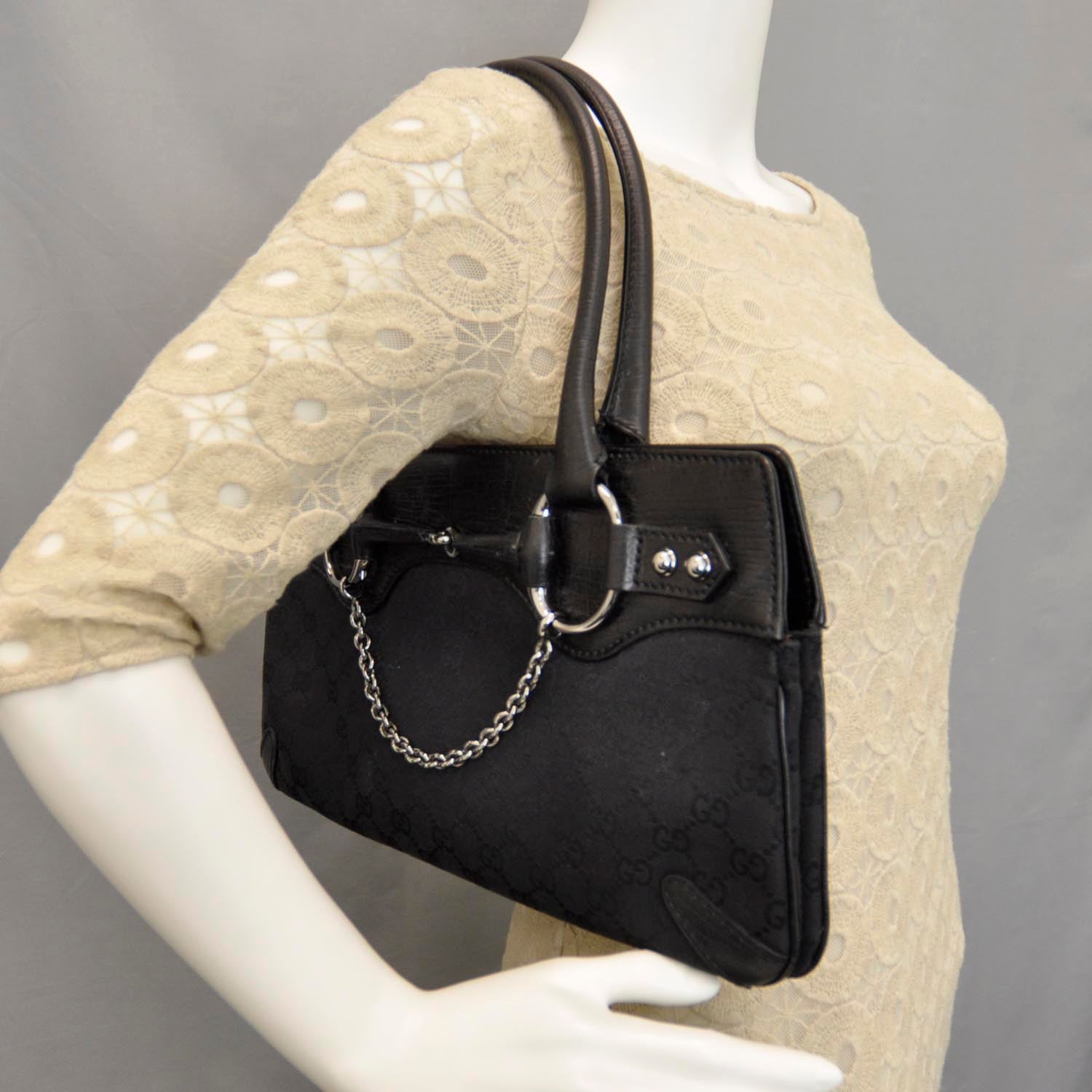 Gucci Monogram Horsebit Chain Shoulder Bag Black 2 of 9