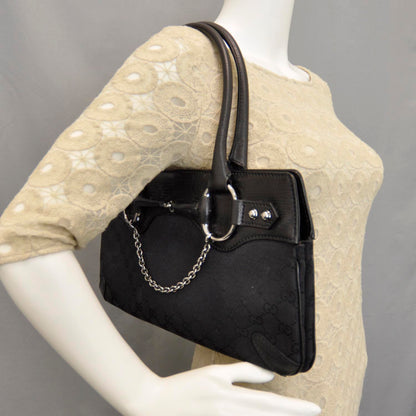Gucci Monogram Horsebit Chain Shoulder Bag Black 2 of 9