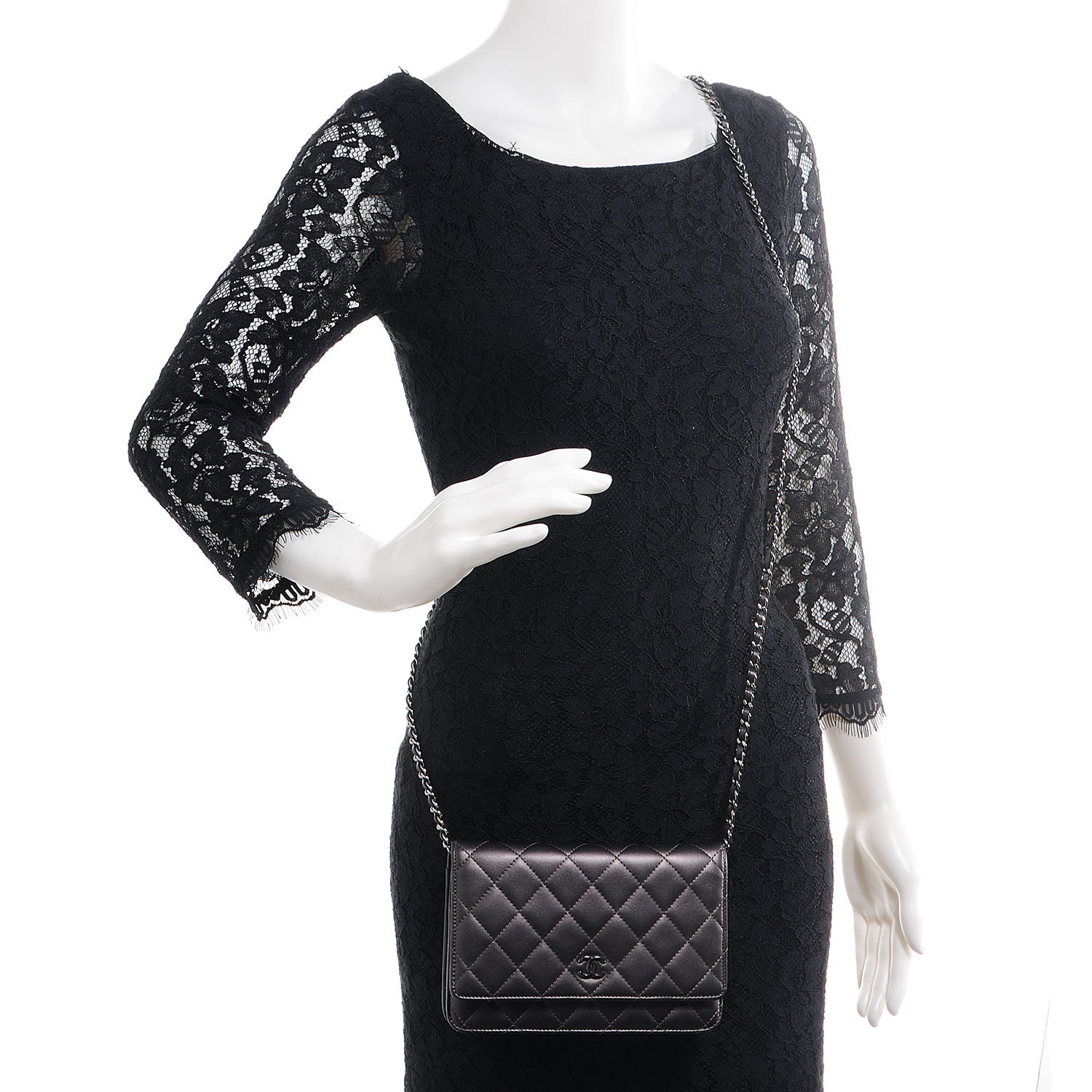 Chanel Lambskin Quilted Wallet On Chain WOC Metallic Dark Grey 2 of 8