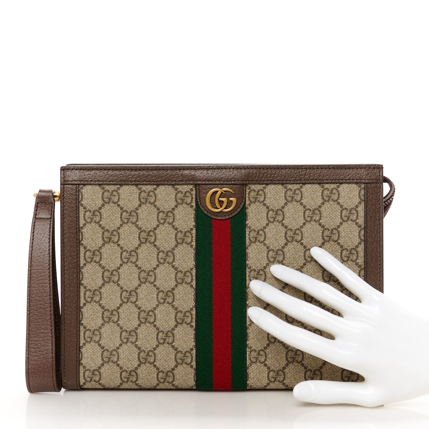Gucci GG Supreme Monogram Textured Dollar Calfskin Web Small Ophidia Wristlet Pouch Beige Ebony New Acero 2 of 11