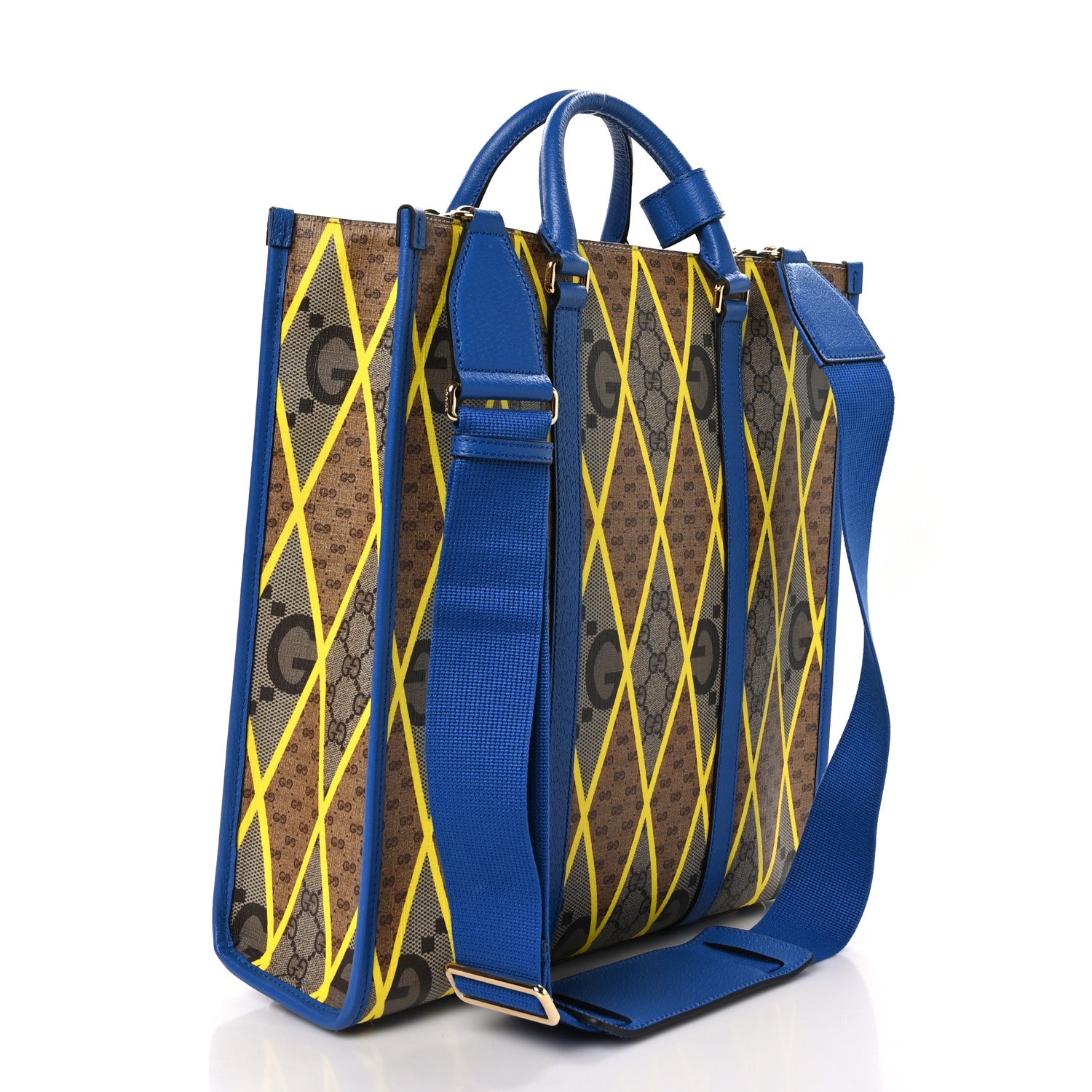 Gucci GG Supreme Monogram Mix Textured Dollar Calfskin Rhombus Inlay Large Tote Bag Beige Ebony Harvest Joy Blue 3 of 10