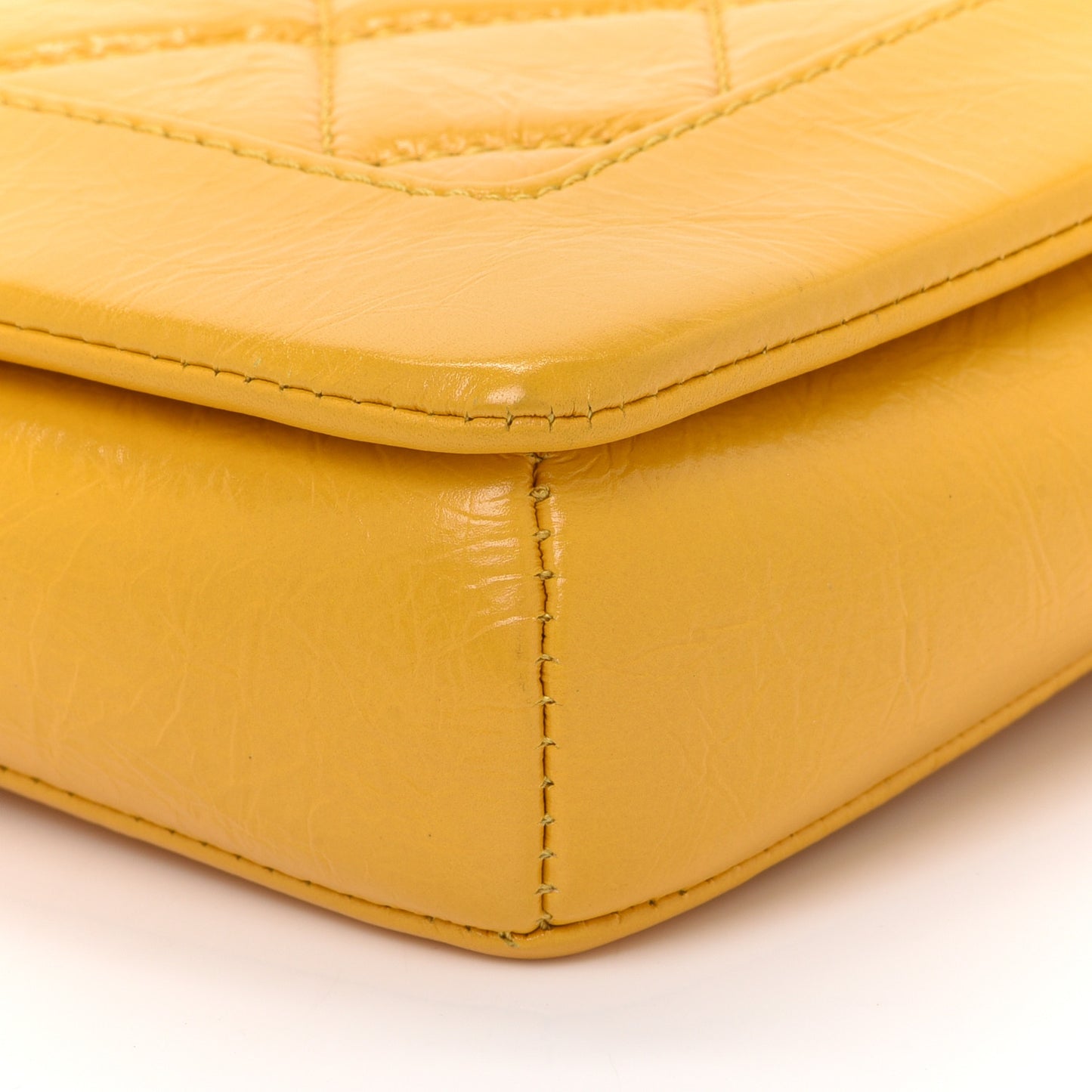 Shiny Aged Calfskin Quilted Flap Yellow