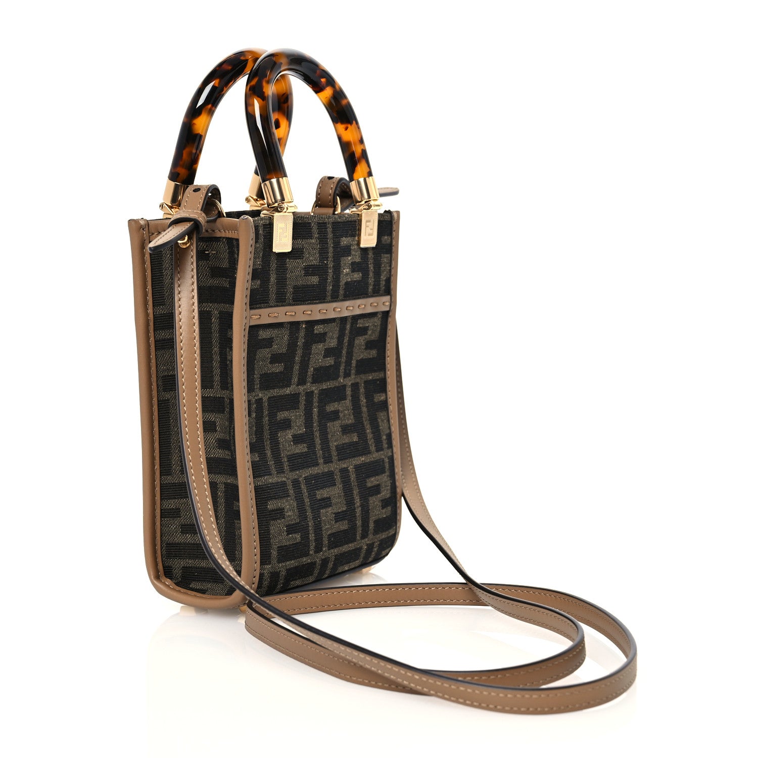 Fendi Fabric Jacquard Vitello King Plexiglass FF 1974 Mini Fendi Sunshine Shopper Tote Tobacco Moro Sand 3 of 11