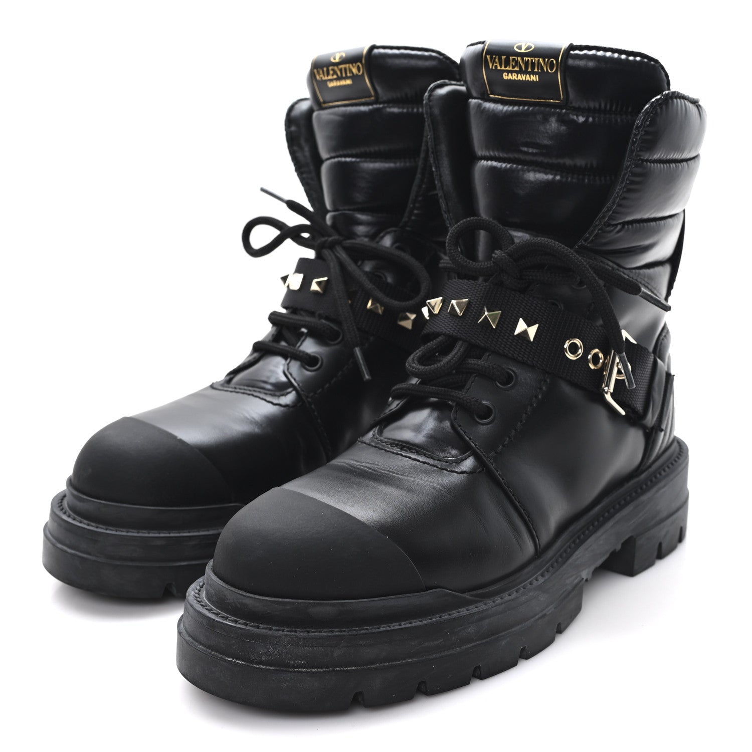 Valentino Garavani Calfskin Nylon Quilted Waterproof Rockstud Combat Boots 36.5 Black 4 of 9