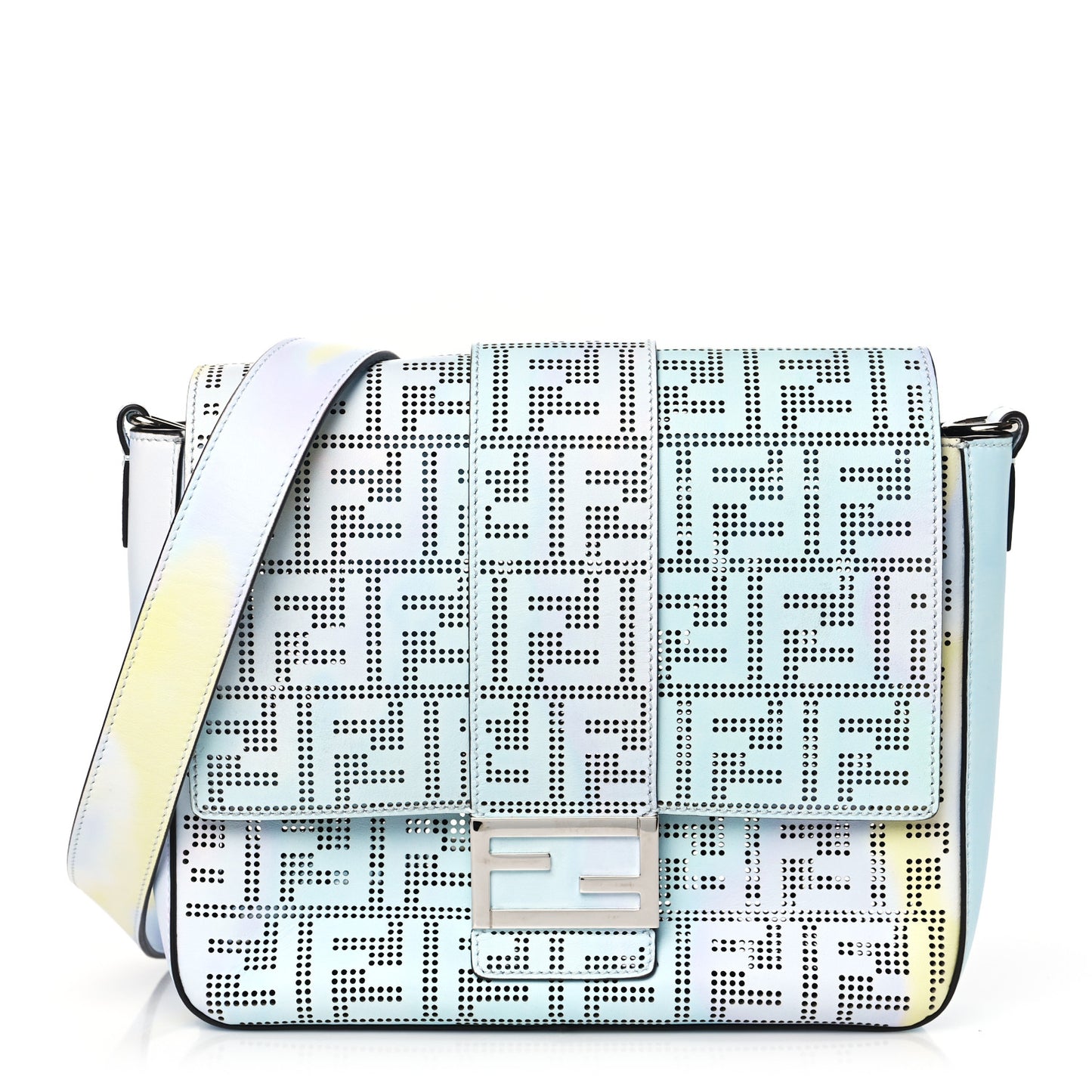 Calfskin Perforated Monochrome Medium Baguette Messenger Blue Multicolor