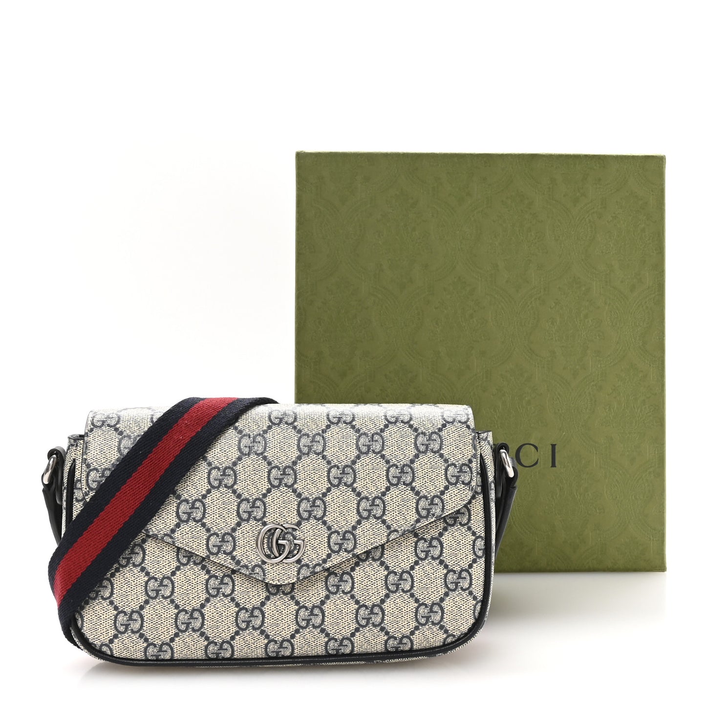GG Supreme Monogram Textured Dollar Calfskin Web Mini Ophidia Envelope Shoulder Bag Beige Blue