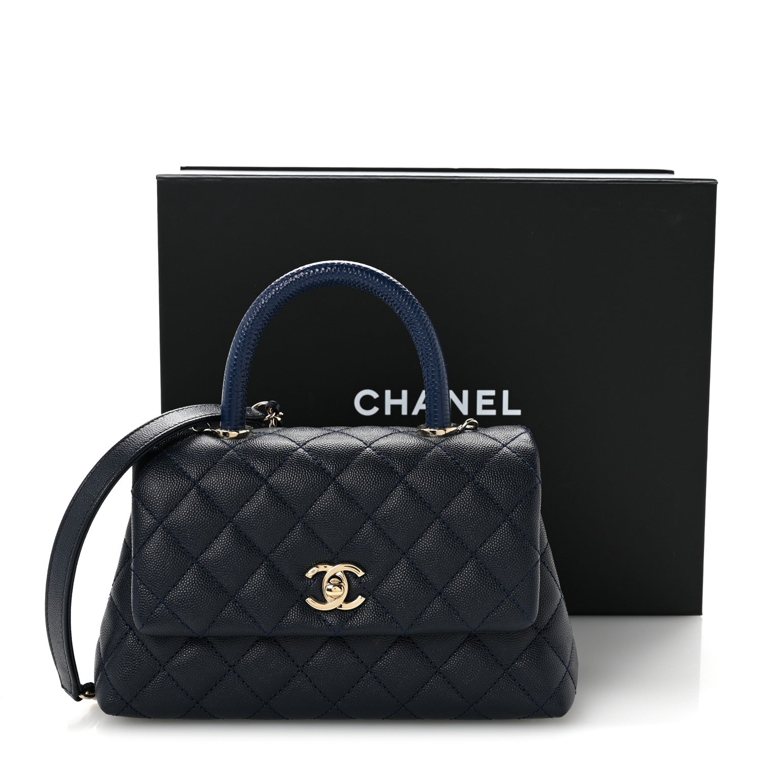 Chanel Caviar Quilted Lizard Embossed Mini Coco Handle Flap Navy Blue 13 of 13