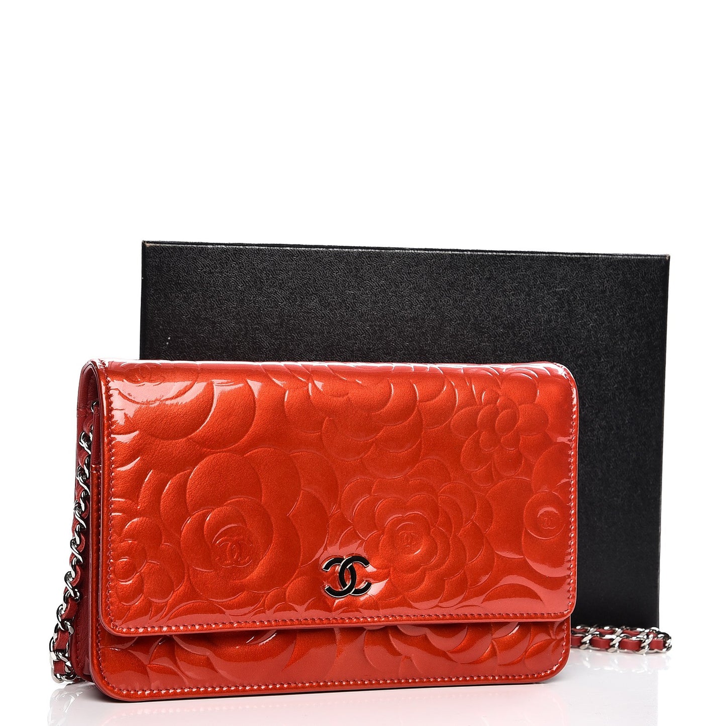 Patent Camellia Embossed Wallet On Chain WOC Dark Red