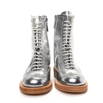 Chanel Fantasy Calfskin PVC Lace Up Combat Boots 36 Silver 2 of 6