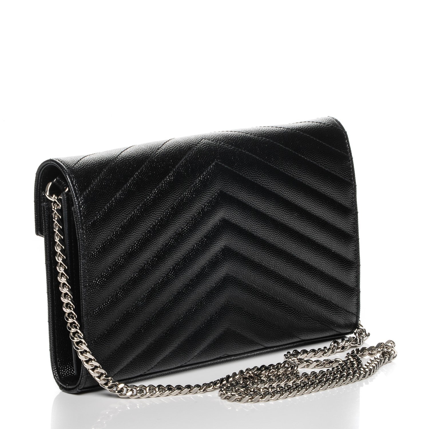Saint Laurent Grain De Poudre Matelasse Chevron Monogram Chain Wallet Black 3 of 9