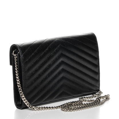 Saint Laurent Grain De Poudre Matelasse Chevron Monogram Chain Wallet Black 3 of 9