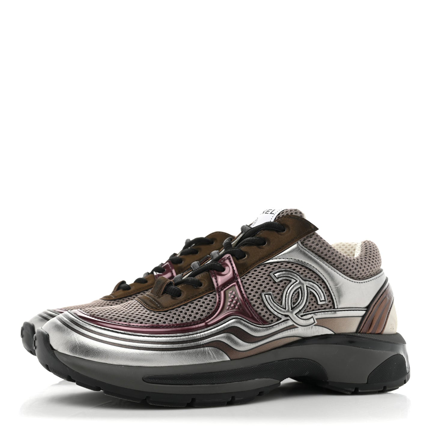 Fabric Laminated Calfskin Stretch CC Womens Sneakers 38 Khaki Silver Dark Purple