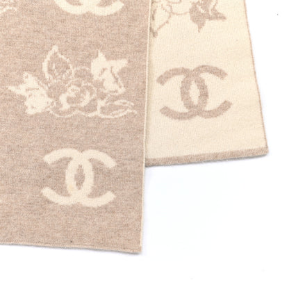 Chanel Cashmere CC Camelia Scarf Beige White 3 of 4