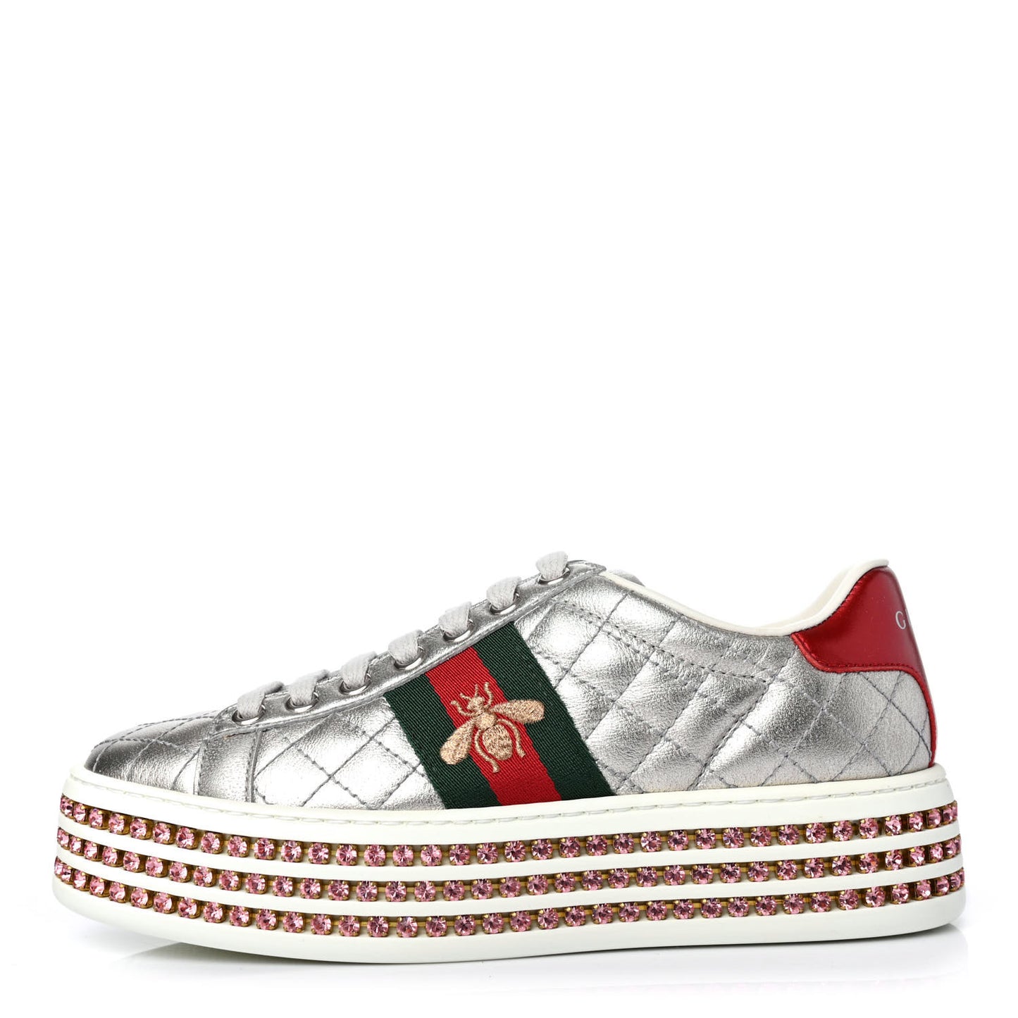 Laminated Nappa Crystal Web Bee Embroidered Trapuntata Womens Ace Platform Sneakers 34 Argento