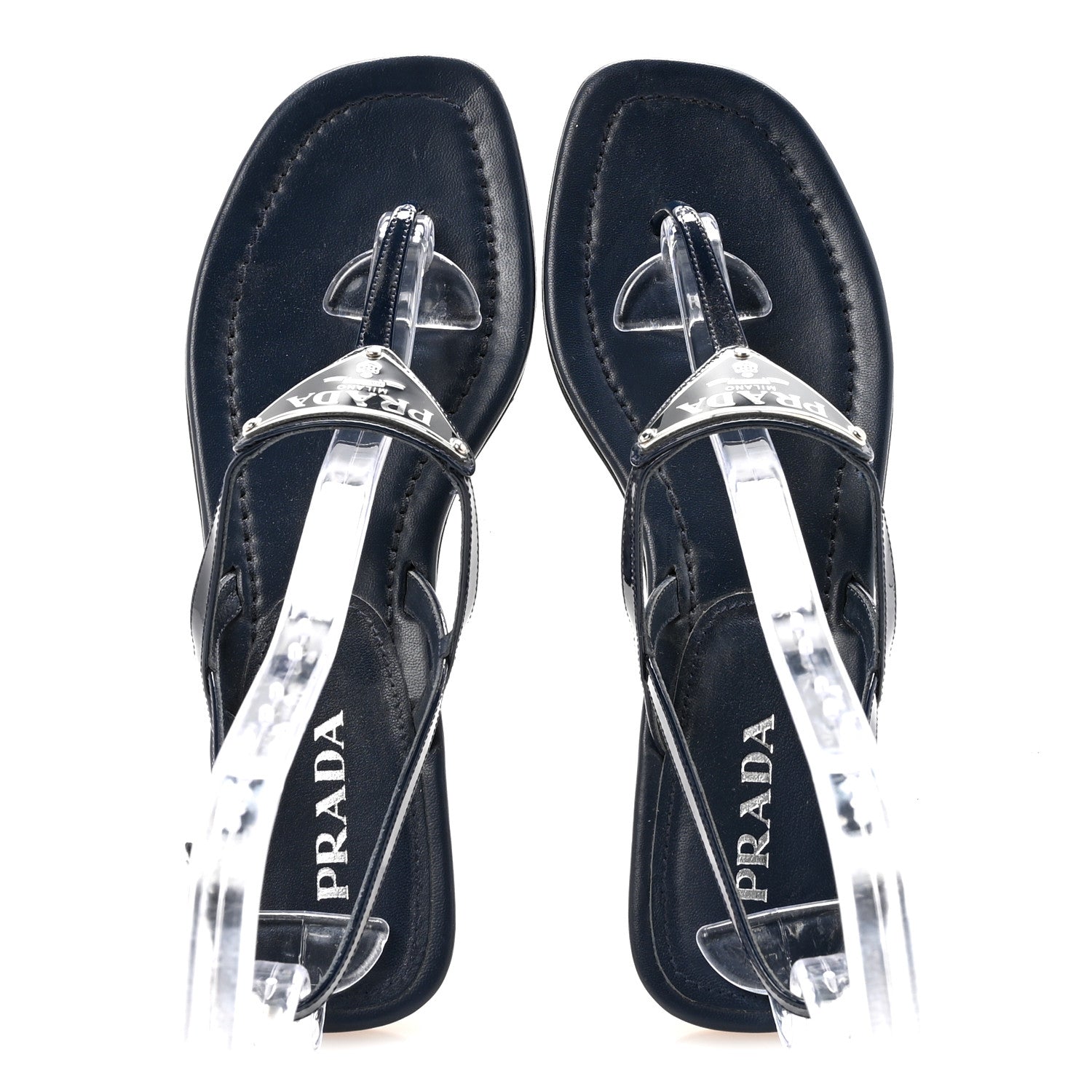 Prada Vernice Metal Triangle Logo Slingback Flat Thong Sandals 38 Navy 2 of 8