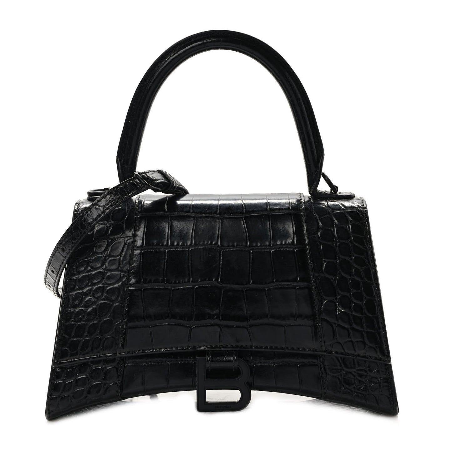 Shiny Calfskin Monochrome Crocodile Embossed Small Hourglass Top Handle Bag Black