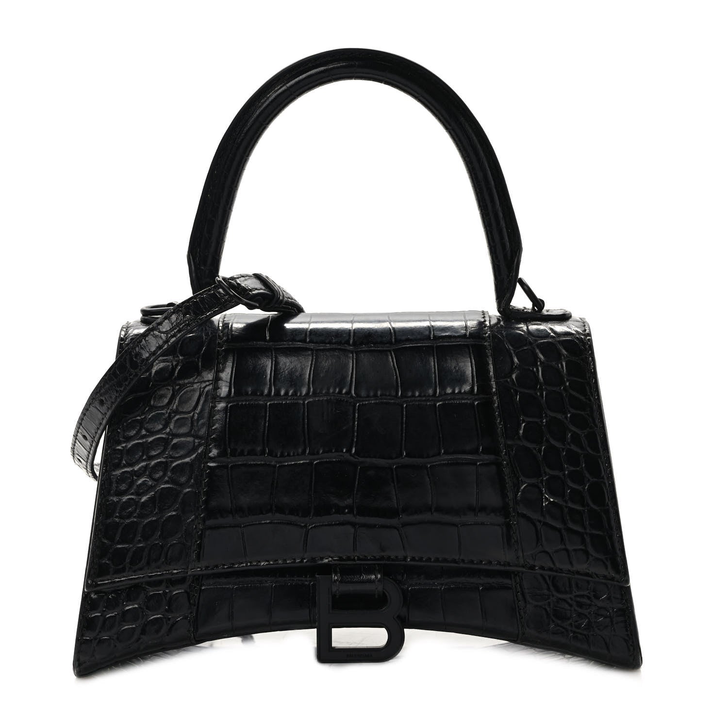 Balenciaga Shiny Calfskin Monochrome Crocodile Embossed Small Hourglass Top Handle Bag Black 1 of 8
