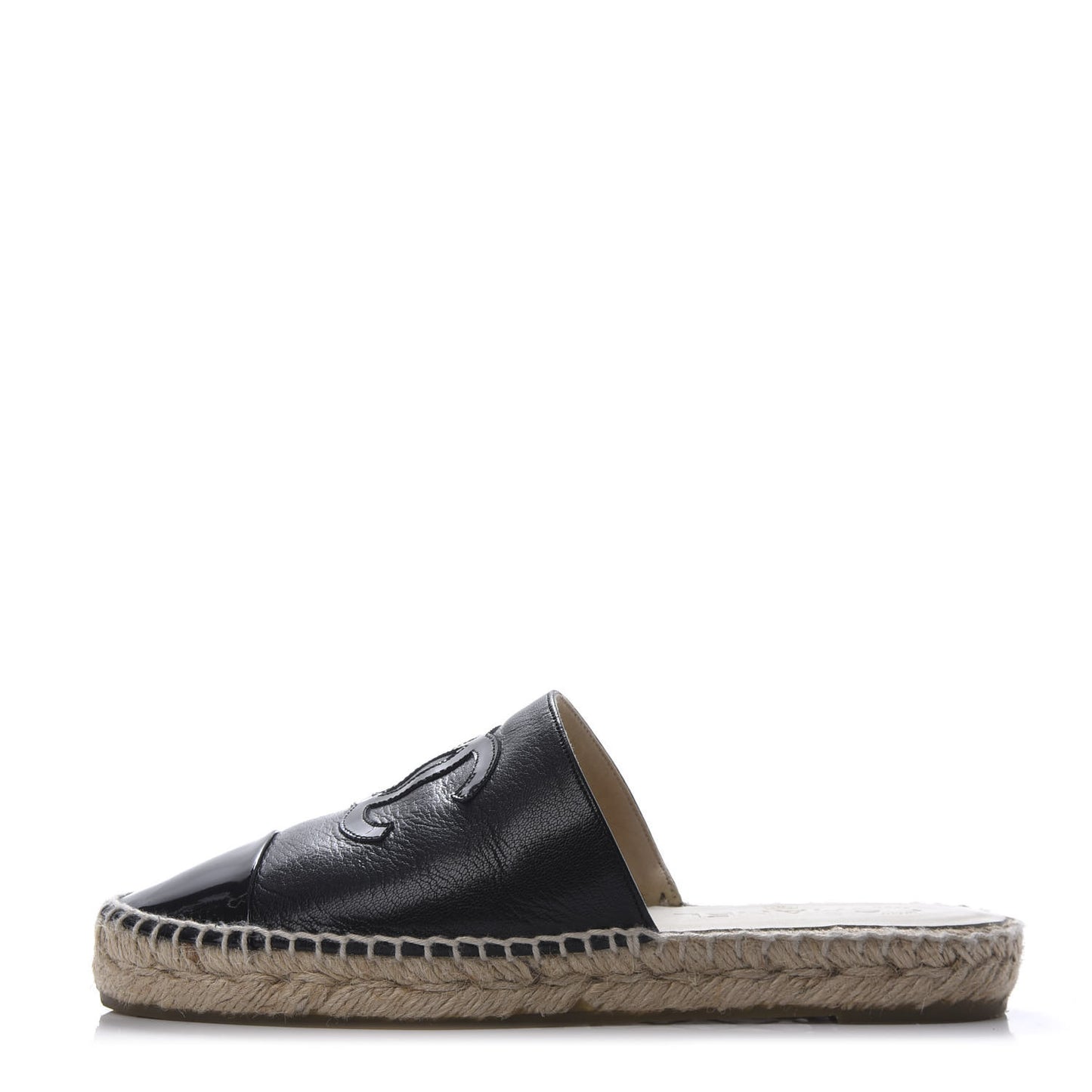 Iridescent Goatskin Patent CC Espadrille Mules 36 Black