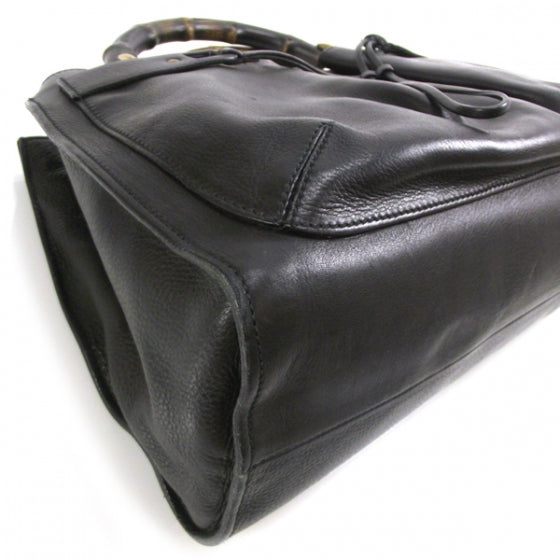 Leather Bamboo Handle Tote Black