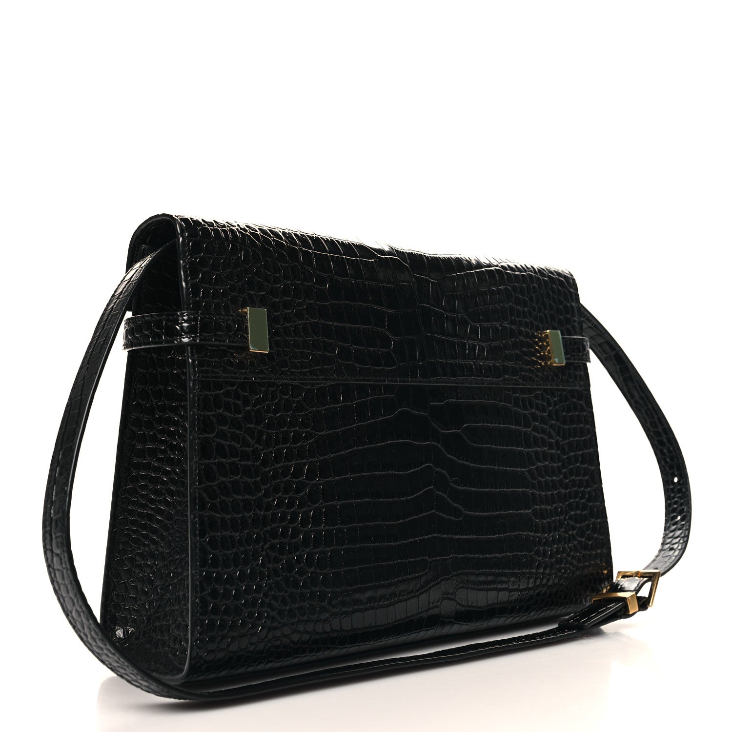 Saint Laurent Shiny Calfskin Crocodile Embossed Manhattan Baguette Black 3 of 9