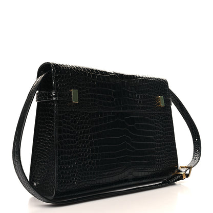 Saint Laurent Shiny Calfskin Crocodile Embossed Manhattan Baguette Black 3 of 9
