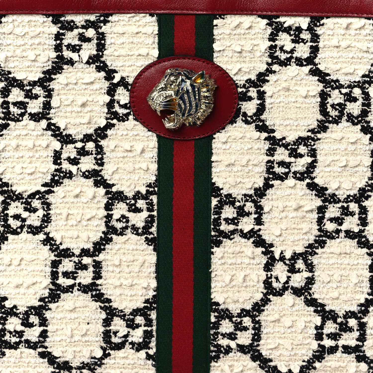 Gucci Tweed GG Monogram Large Rajah Chain Tote White Black Romantic Cherry 9 of 11