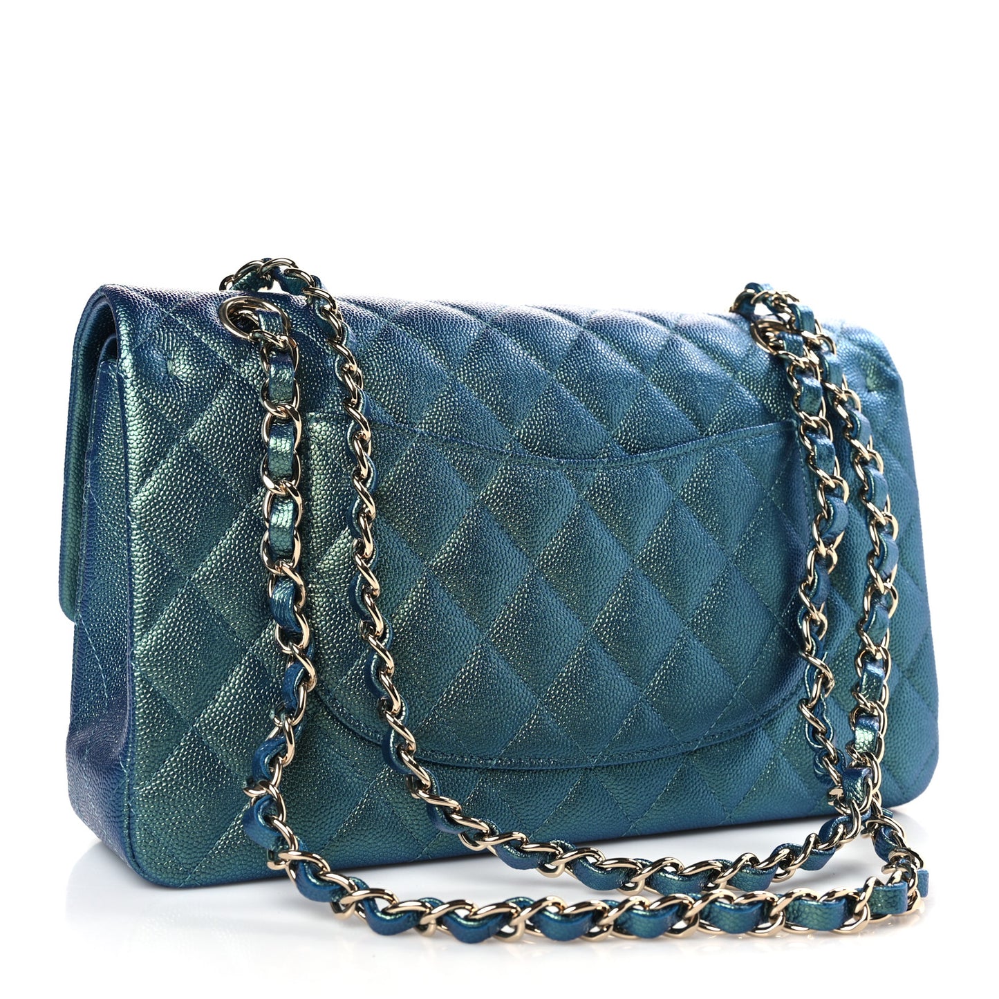 Iridescent Caviar Quilted Medium Double Flap Green