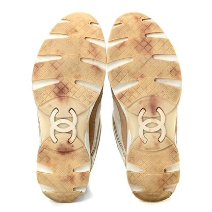 Chanel Nylon Lambskin Suede Calfskin CC Sneakers 37.5 Brown White Gold 5 of 11