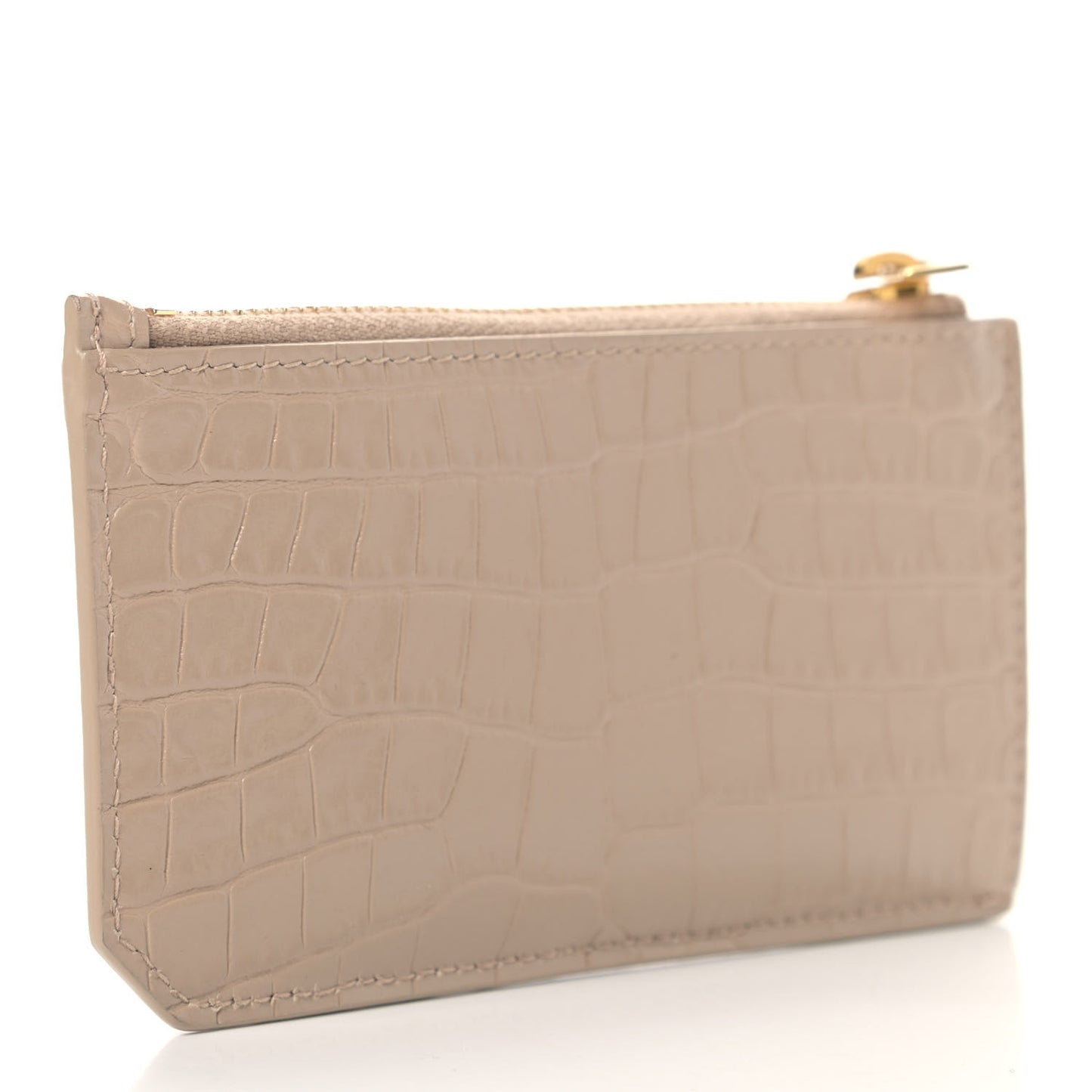 Calfskin Crocodile Embossed 5 Fragments Zip Pouch Card Holder Dark Beige