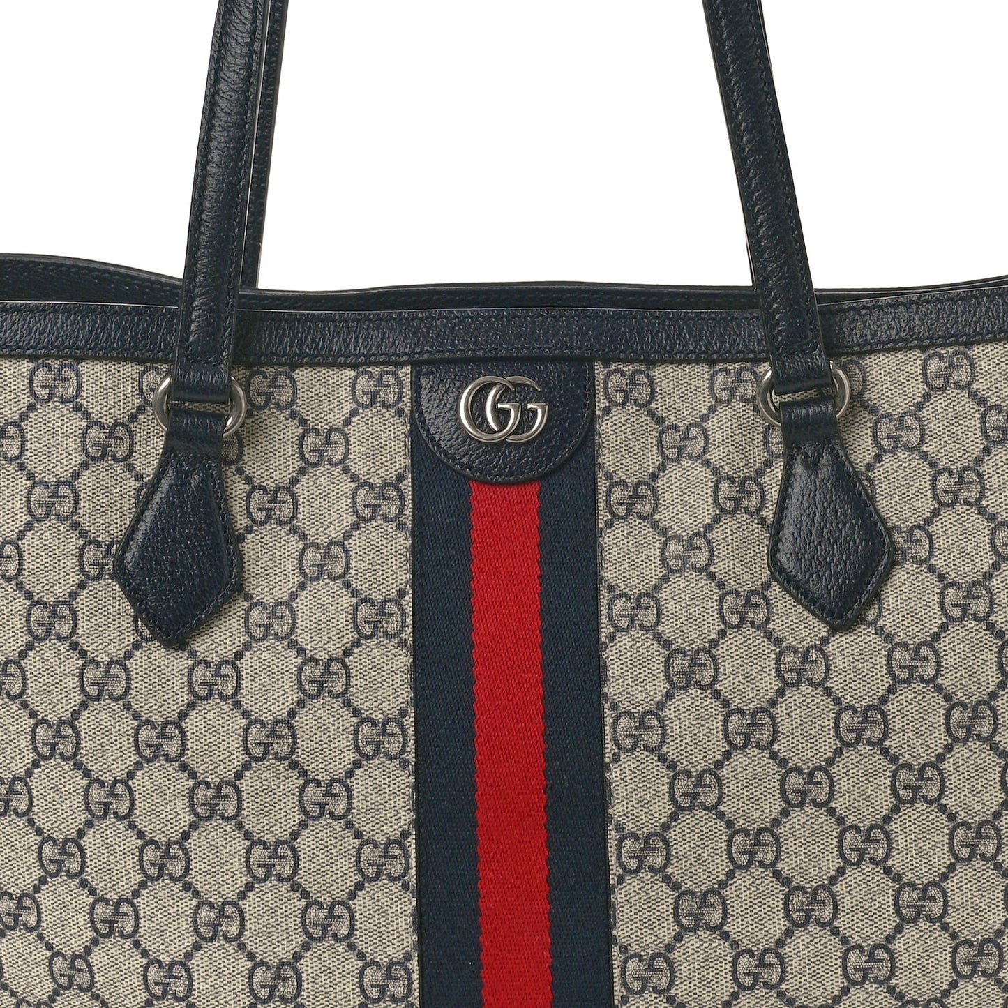 GG Supreme Monogram Textured Calfskin Web Medium Ophidia Shopping Tote Beige Blue