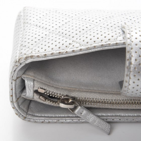 Perforated Lambskin Quilted Mini Phone Holder Clutch Silver