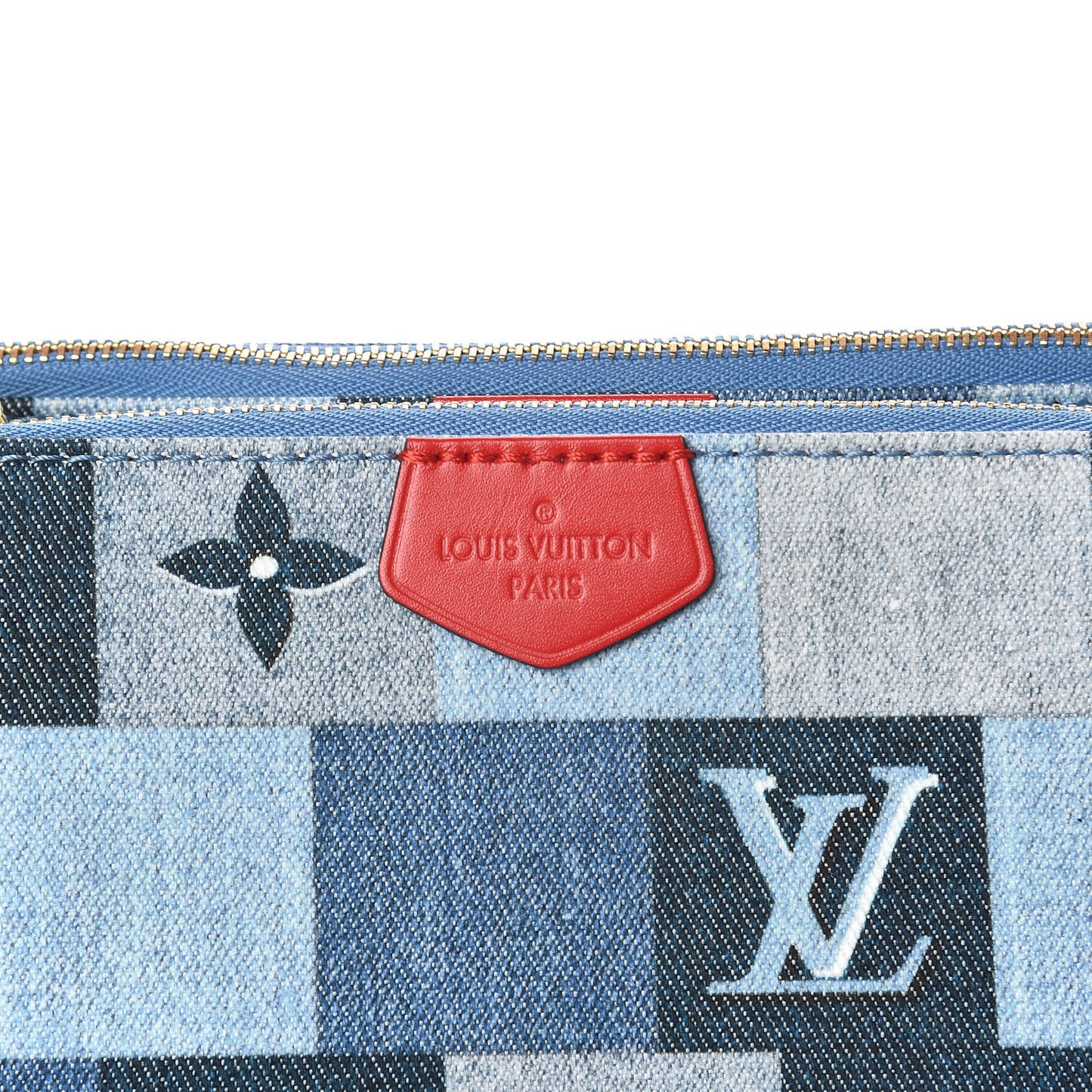 Denim Damier Monogram Patchwork Multi Pochette Accessories Blue Rouge