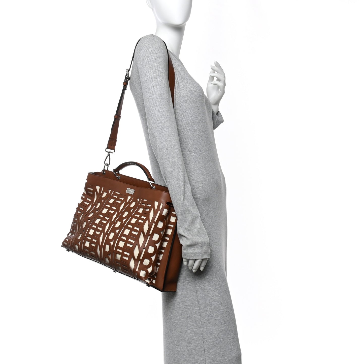 Canvas Calfskin Laser Cut Large Peekaboo Iconic Essential Satchel Brown