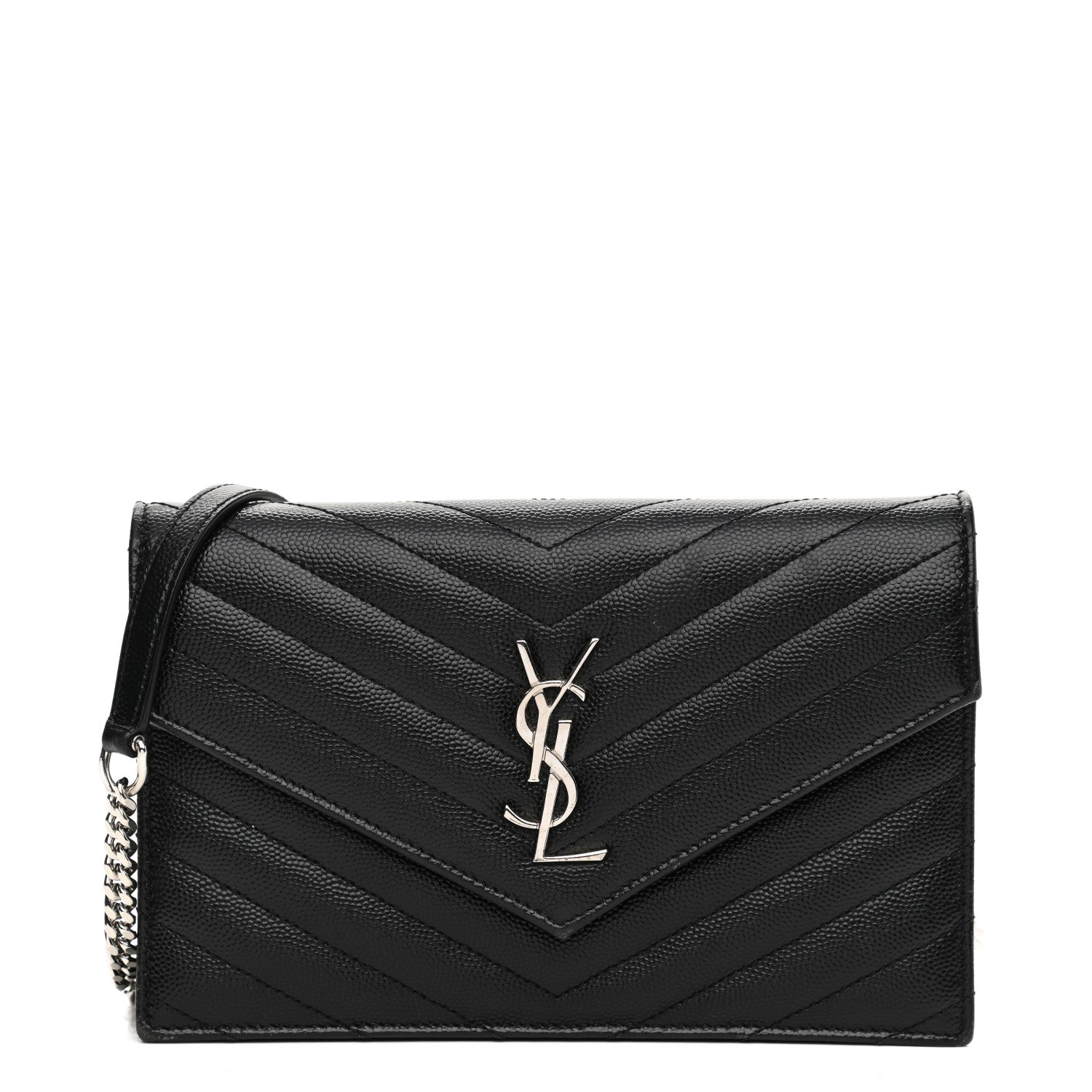 Saint Laurent Grain De Poudre Matelasse Chevron Monogram Envelope Chain Wallet Black 1 of 8