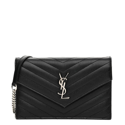 Saint Laurent Grain De Poudre Matelasse Chevron Monogram Envelope Chain Wallet Black 1 of 8