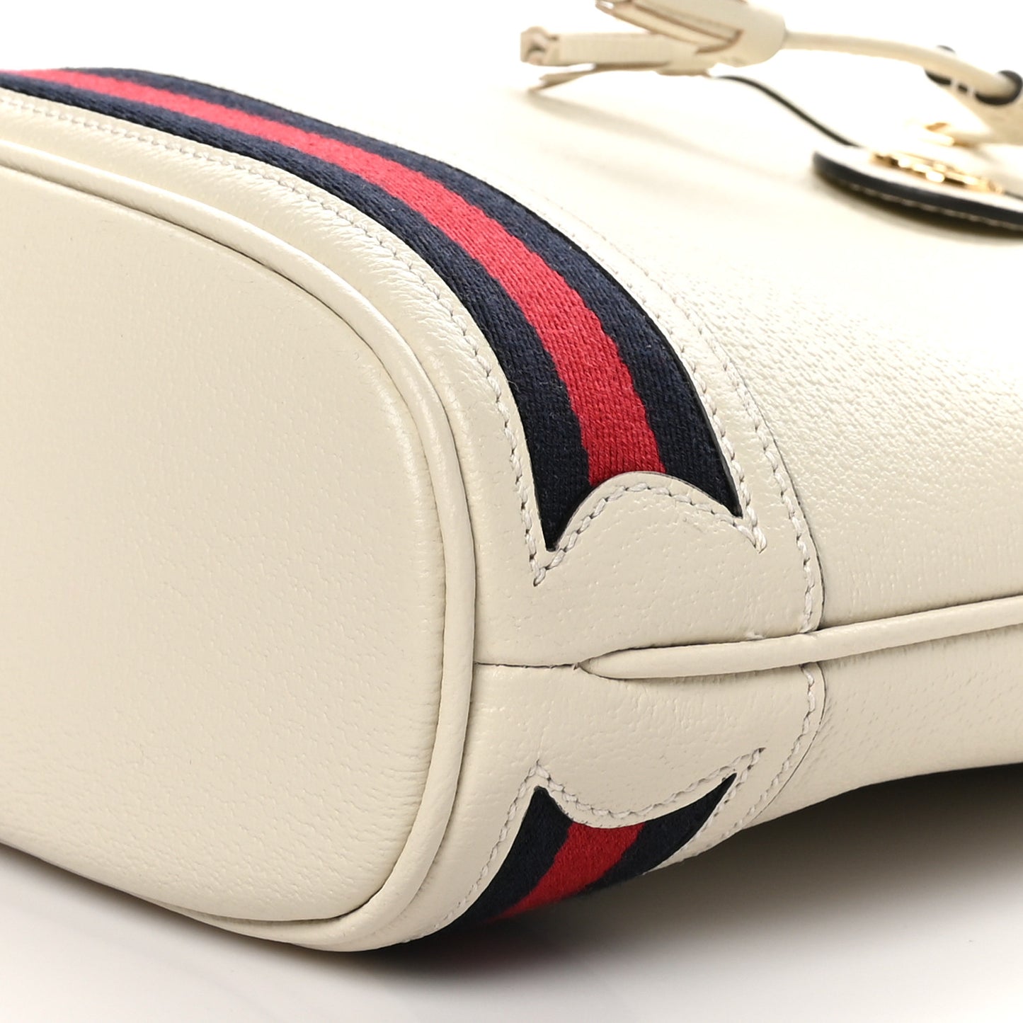Glazed Textured Calfskin Web Small Ophidia Bucket Bag Mystic White