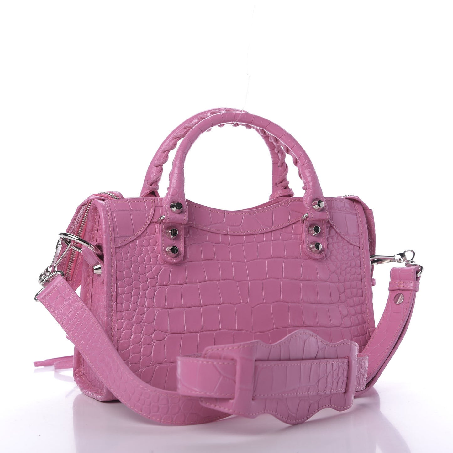 Shiny Supple Calfskin Crocodile Embossed Classic Silver Hardware Mini City Baby Pink