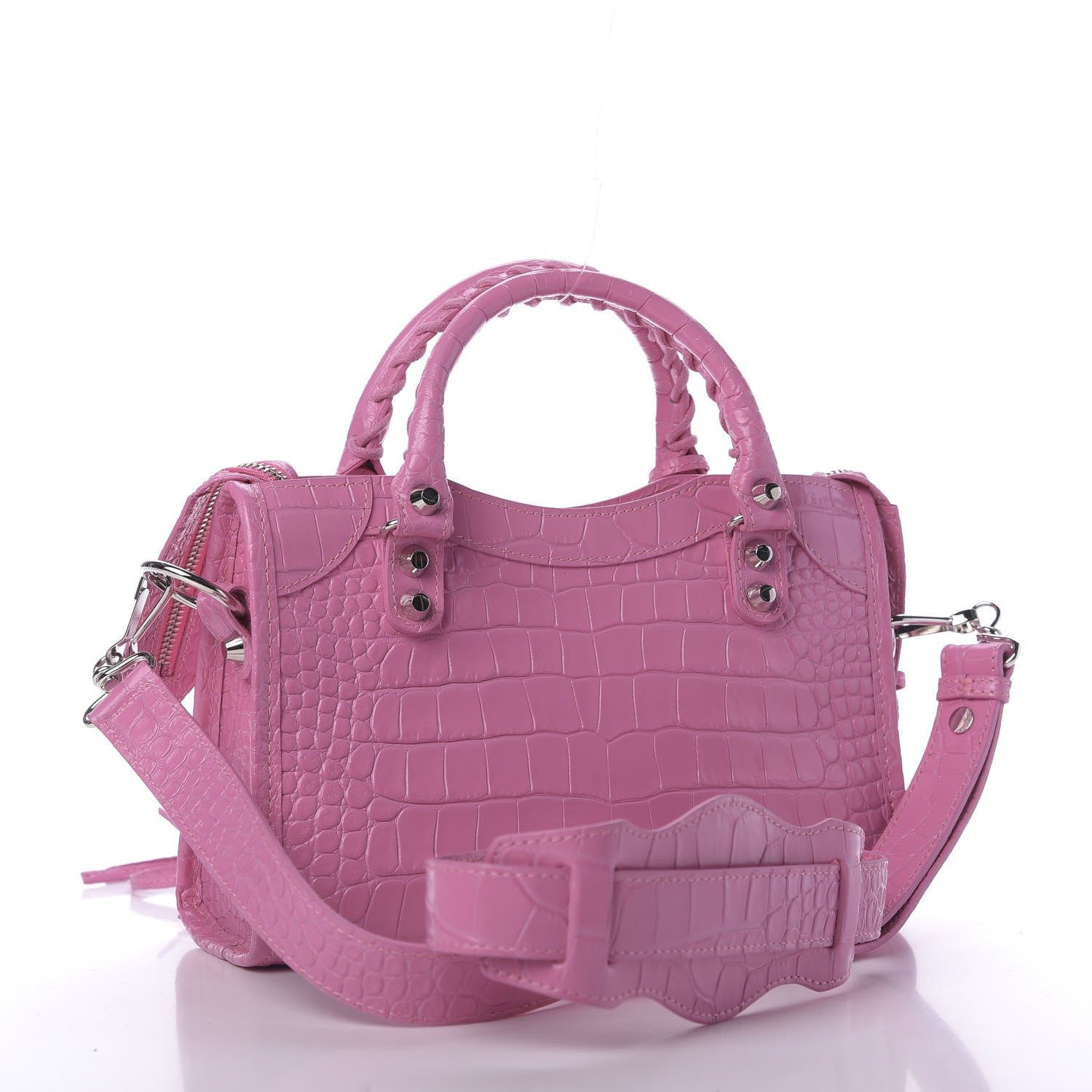 Balenciaga Shiny Supple Calfskin Crocodile Embossed Classic Silver Hardware Mini City Baby Pink 3 of 9