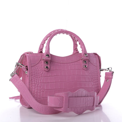 Balenciaga Shiny Supple Calfskin Crocodile Embossed Classic Silver Hardware Mini City Baby Pink 3 of 9