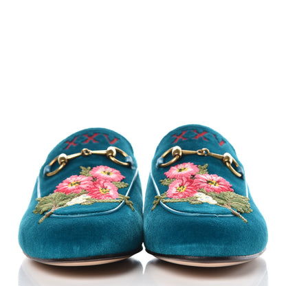 Gucci Velvet Floral Embroidered Womens Princetown Slippers 35.5 Pavone 2 of 11
