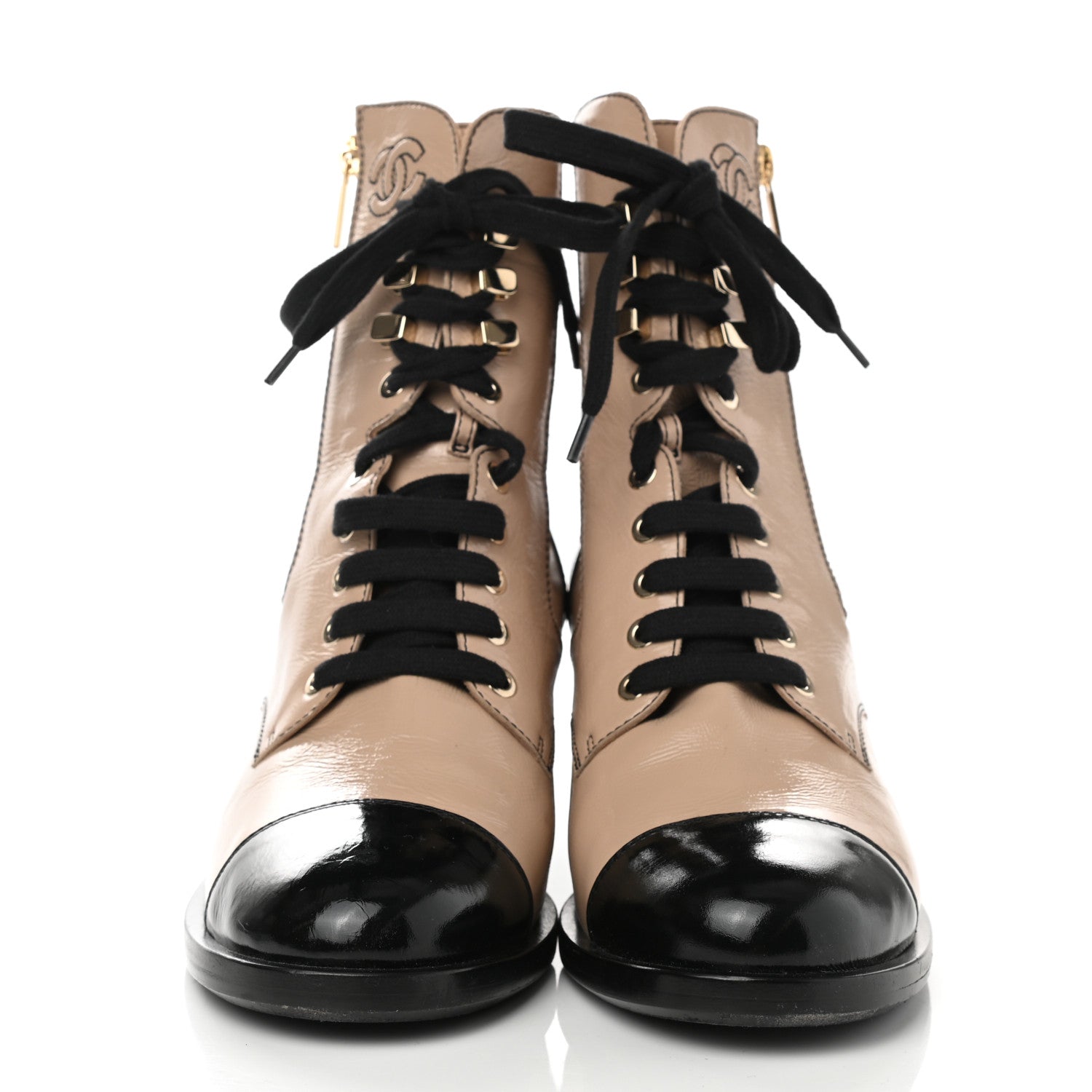 Chanel Patent Calfskin CC Lace Up Short Boots 41 Beige Black 2 of 10