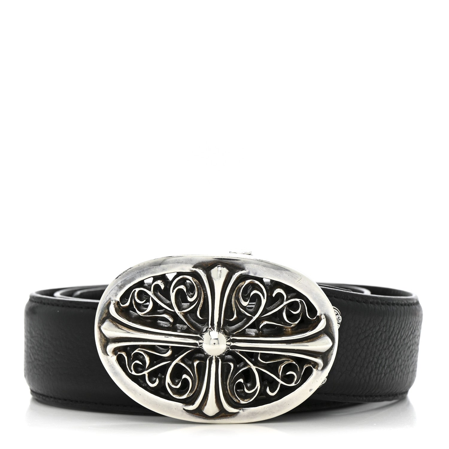 Chrome Hearts Calfskin Sterling Silver Cross Oval Belt 85 34 Black 1 of 7