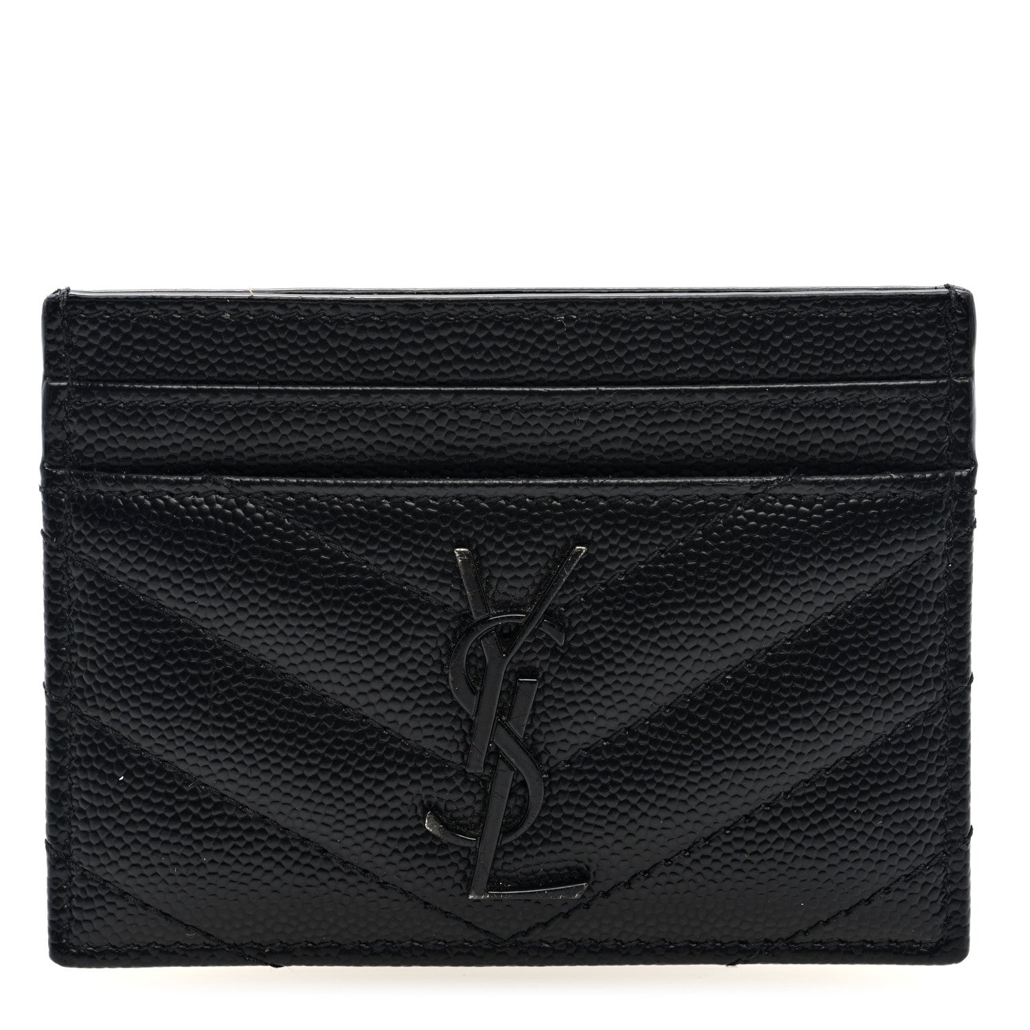Saint Laurent Grain De Poudre Matelasse Chevron Monochrome Monogram Credit Card Case Black 1 of 5