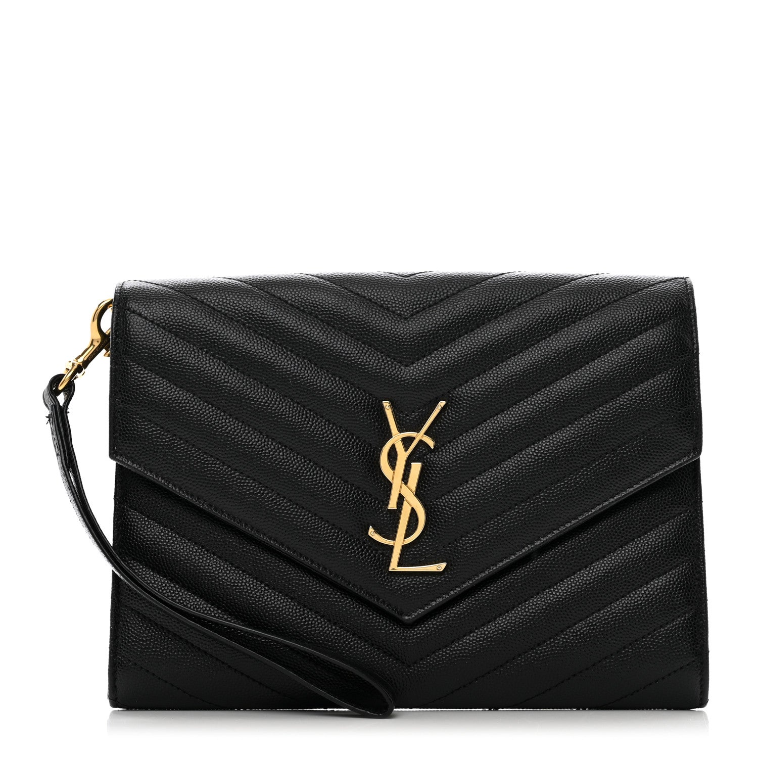 Saint Laurent Grain De Poudre Matelasse Chevron Monogram Cassandre Flap Pouch Black 1 of 7