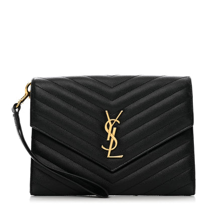 Saint Laurent Grain De Poudre Matelasse Chevron Monogram Cassandre Flap Pouch Black 1 of 7