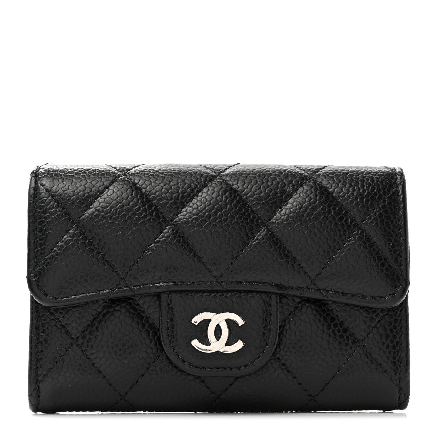 Caviar Quilted Flap Card Holder Wallet Black