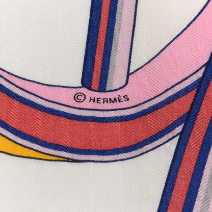 Hermes Cashmere Silk Les Roues De Phaeton Shawl 140 White Rose Jaune 5 of 6