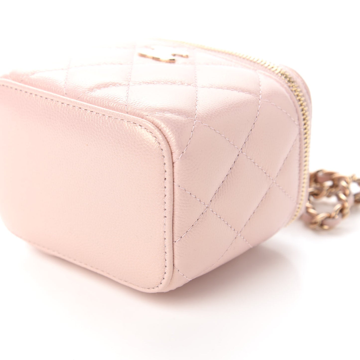Iridescent Caviar Quilted Mini Pearl On Top Vanity Case With Chain Light Pink