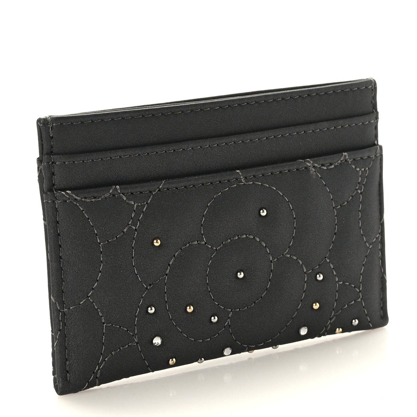 Lambskin Crystal Camellia Embossed Card Holder Black