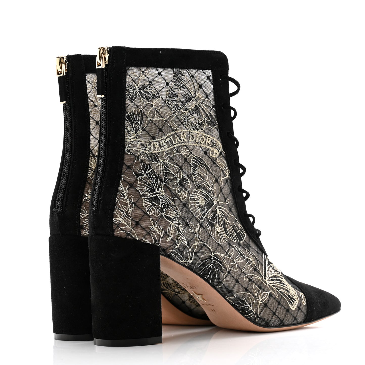 Suede Lurex Butterfly Embroidered Naughtily-D Heeled Ankle Boots 38 Black Gold